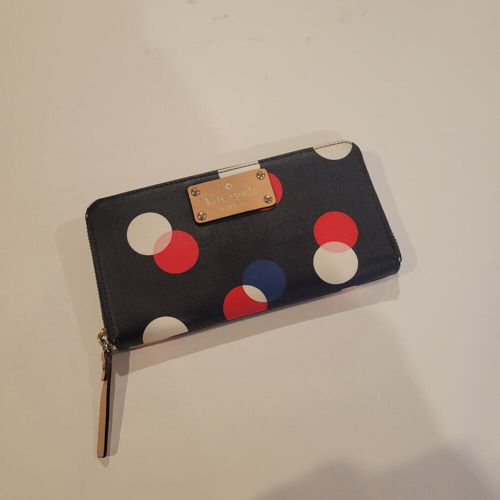 Kate Spade Navy Blue Red White Pink Polka Dot Zip Around Wallet Clutch Wristlet